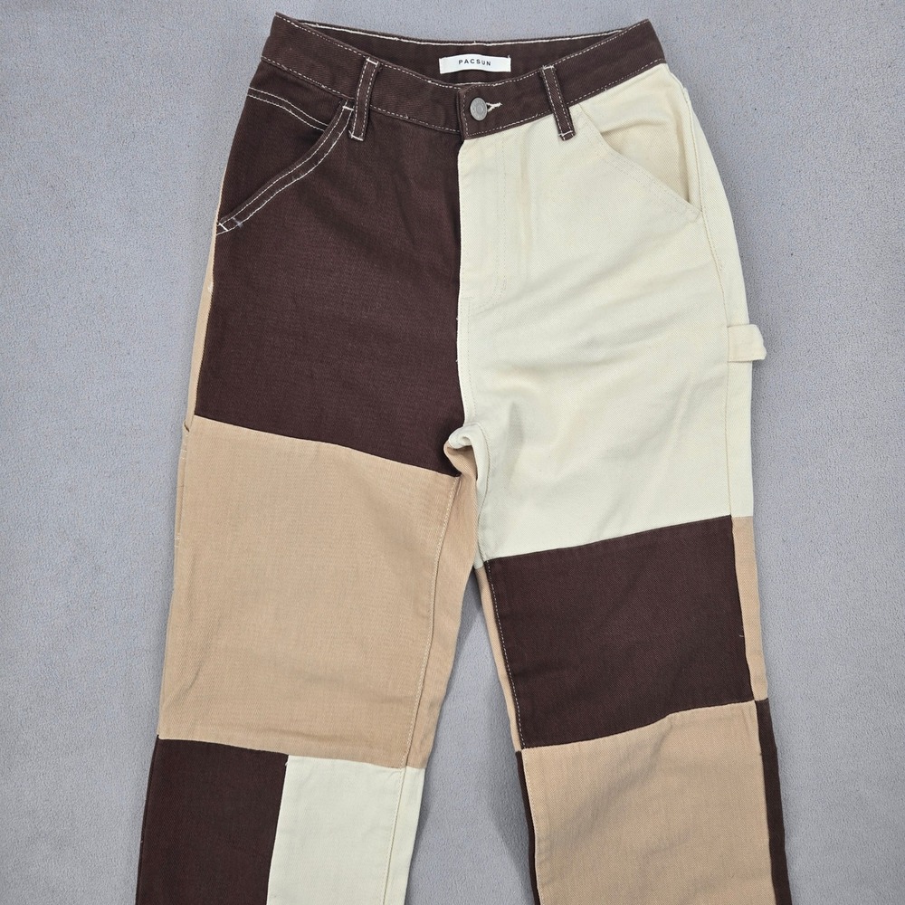 PacSun Womens 27 Patchwork Carpenter Pants Brown Tan Cream Utility Straight Leg - Picture 11 of 13